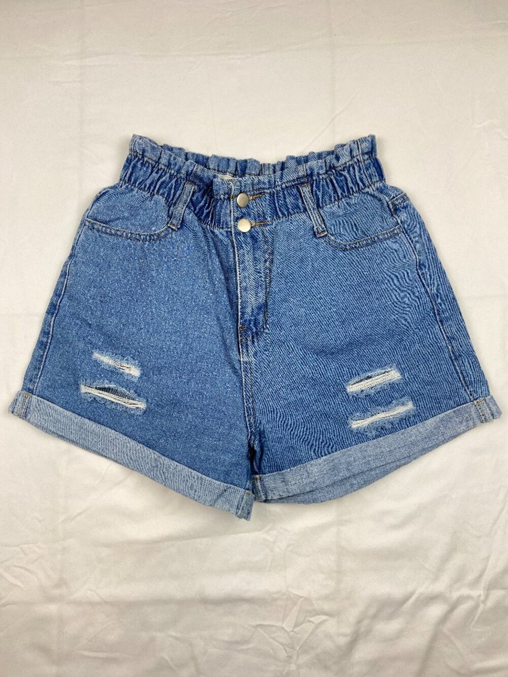 Aaron & Amber Denim Paperbag Shorts With Distressing Size Medium 100% Cotton